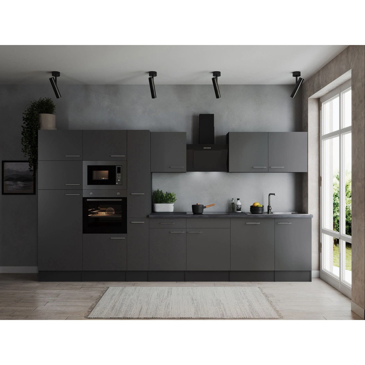 Respekta Kuchyně Oliver šedá/žula 370 cm-trouba/skl.deska/dig./myčka/led./mik.