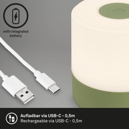 Zelená akumulátorová stolní lampa Brilo Smal s USB kabelem. Mobilní LED dekorativní světlo pro venkovní použití.