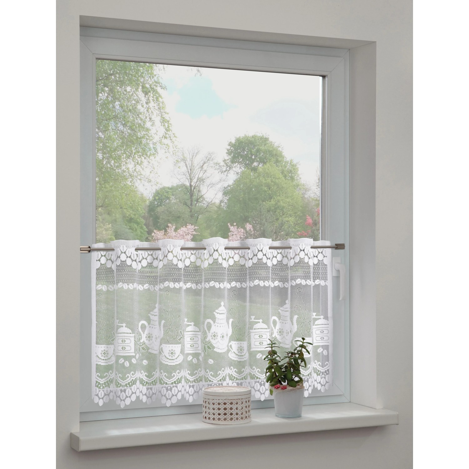 Sehlbach Vitrážová záclona se skrytými poutky, čas kávy, bílá, 140 x 60 cm
