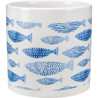 Květináč s motivem moře, ryby, bílomodrý, keramický, pr. 10,2 cm