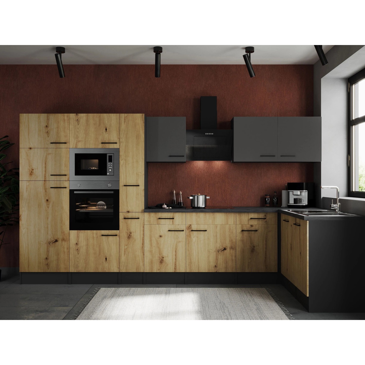 Respekta Kuchyně Oliver L dub+šedá m./žula 370 cm-tr./skl.d/dig./myčka/led./mik.