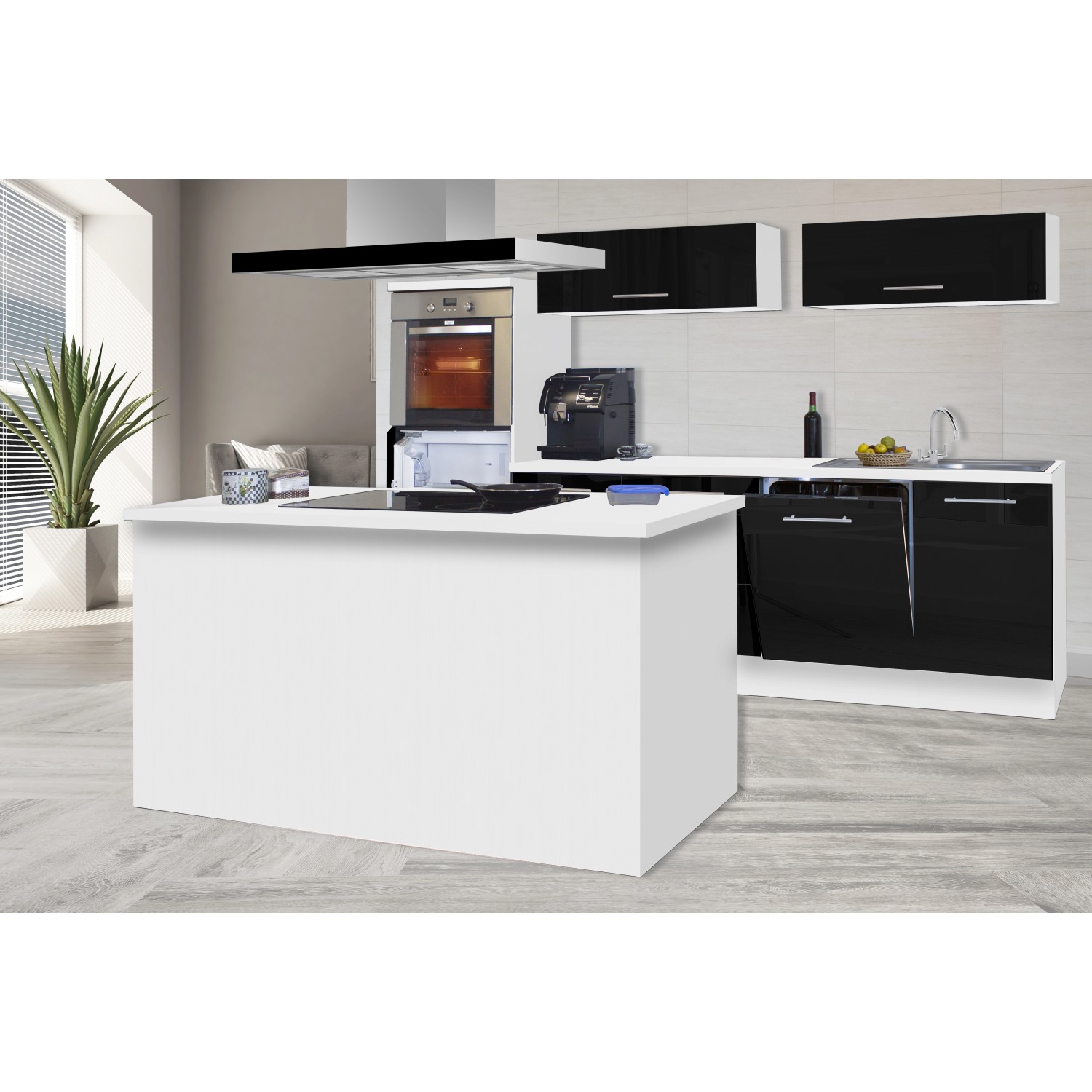 Respekta kuchyně s ostrůvkem Amanda černá/bílá 280 cm-trouba/sk.d./dig./my./led.