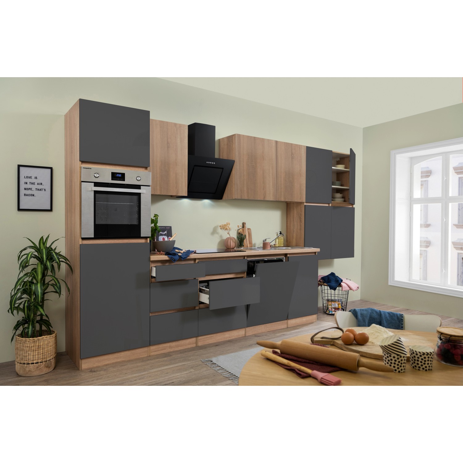Respekta Kuchyně Lorena šedá/dub 380 cm-trouba/skl.d.(2)/dig./myčka(2)/lednice