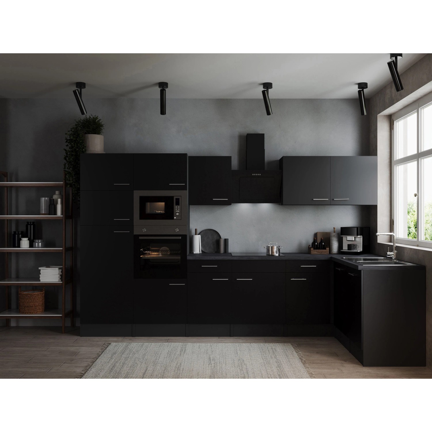 Respekta Kuchyně Oliver L černá/žula 340cm-trouba/skl.deska/dig./myčka/led./mik.