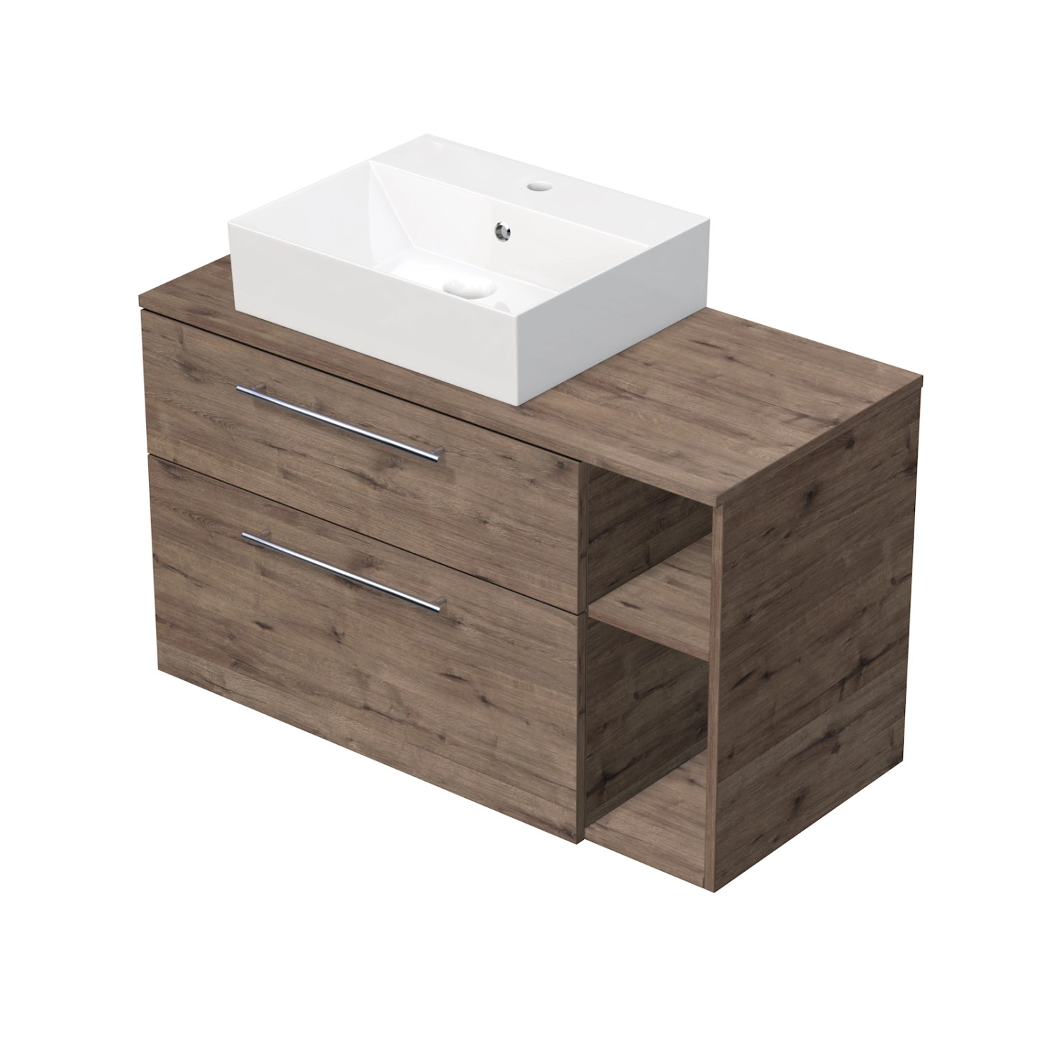 INTEDOOR Skříň+umyvadlo BEE, úchyt chrom, š.100 cm, regál vpravo, dub Wellington