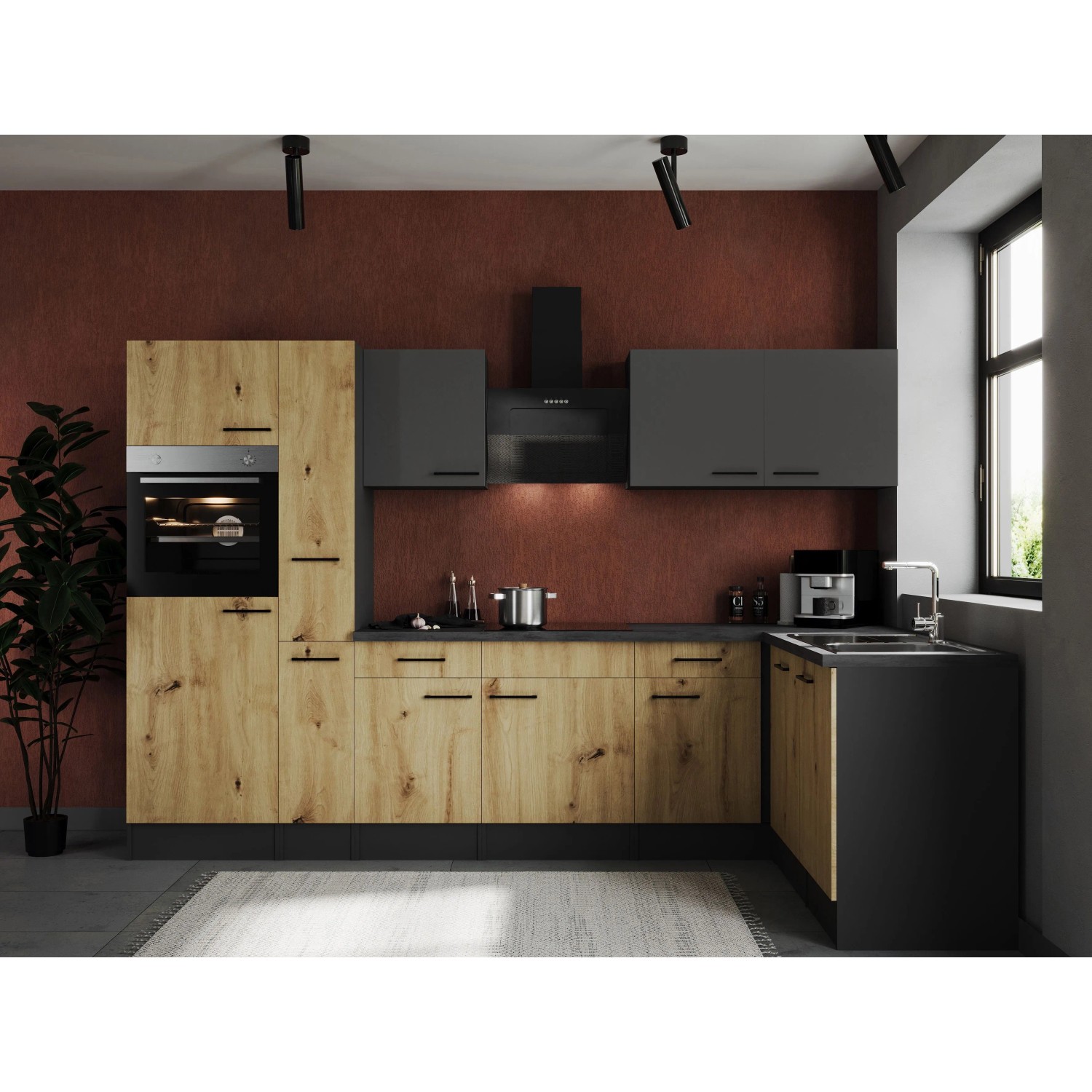 Respekta Kuchyně Oliver L dub+šedá m./žula 310 cm-trouba/skl.d./dig./myčka/led.