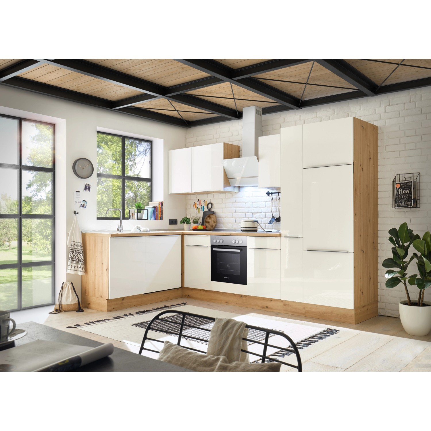 Respekta Kuchyně Marleen L bílá/dub 310 cm-trouba+skl.d./digestoř/myčka/lednice