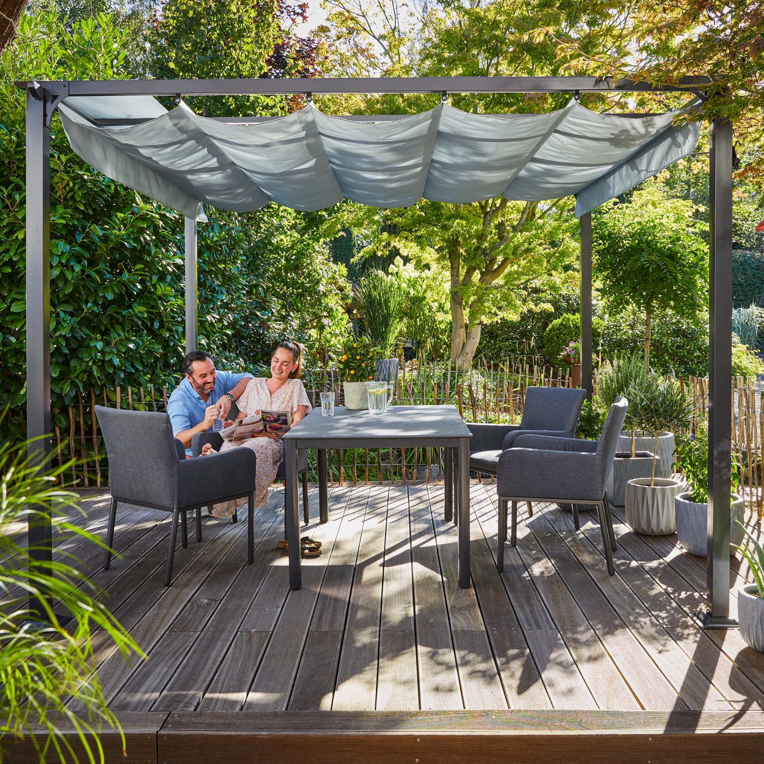 Zahradní altán Texhoma s posuvnou střechou, šedý, 300 x 300 x 230 cm