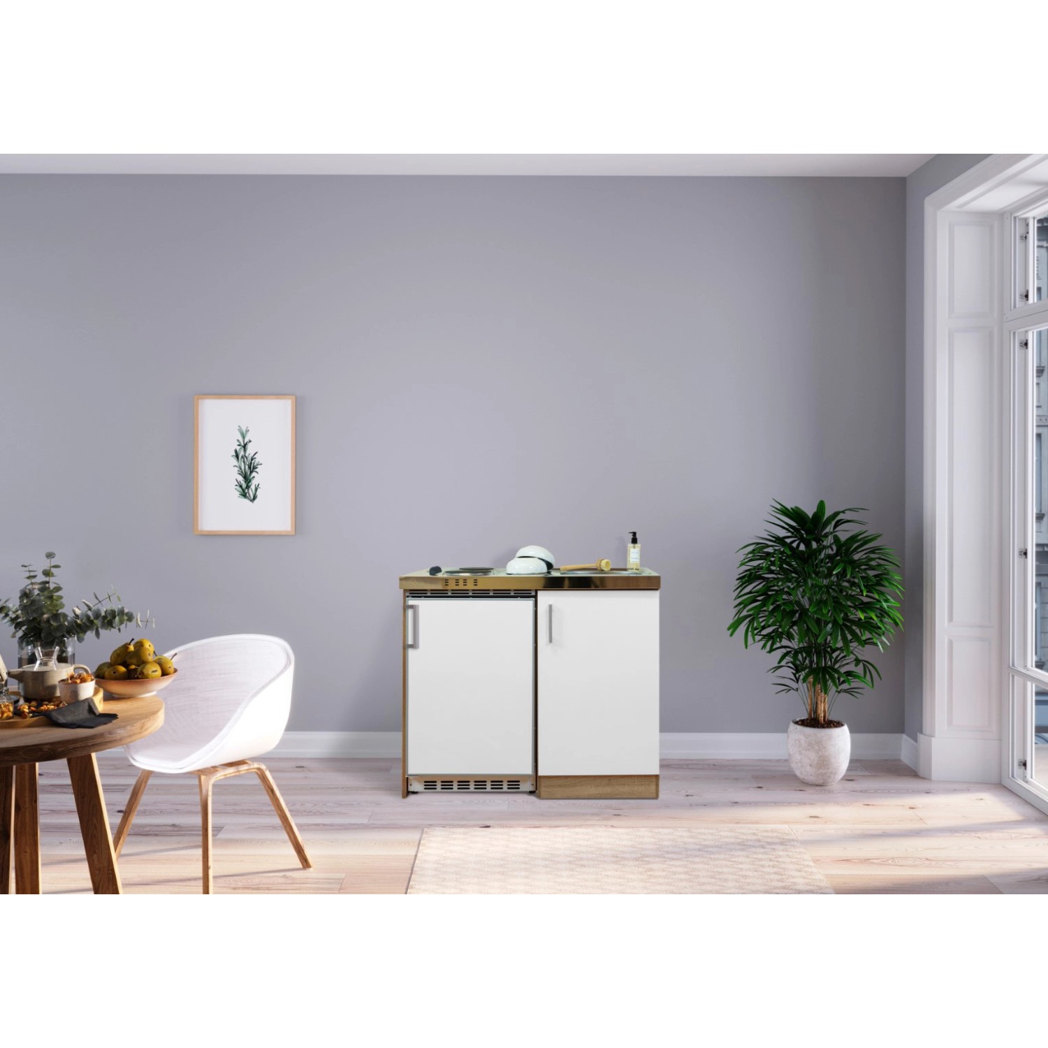 Respekta Kuchyně Levin bílá/dub 100 cm-nerez.var.deska/lednice UKS110/sp.sk