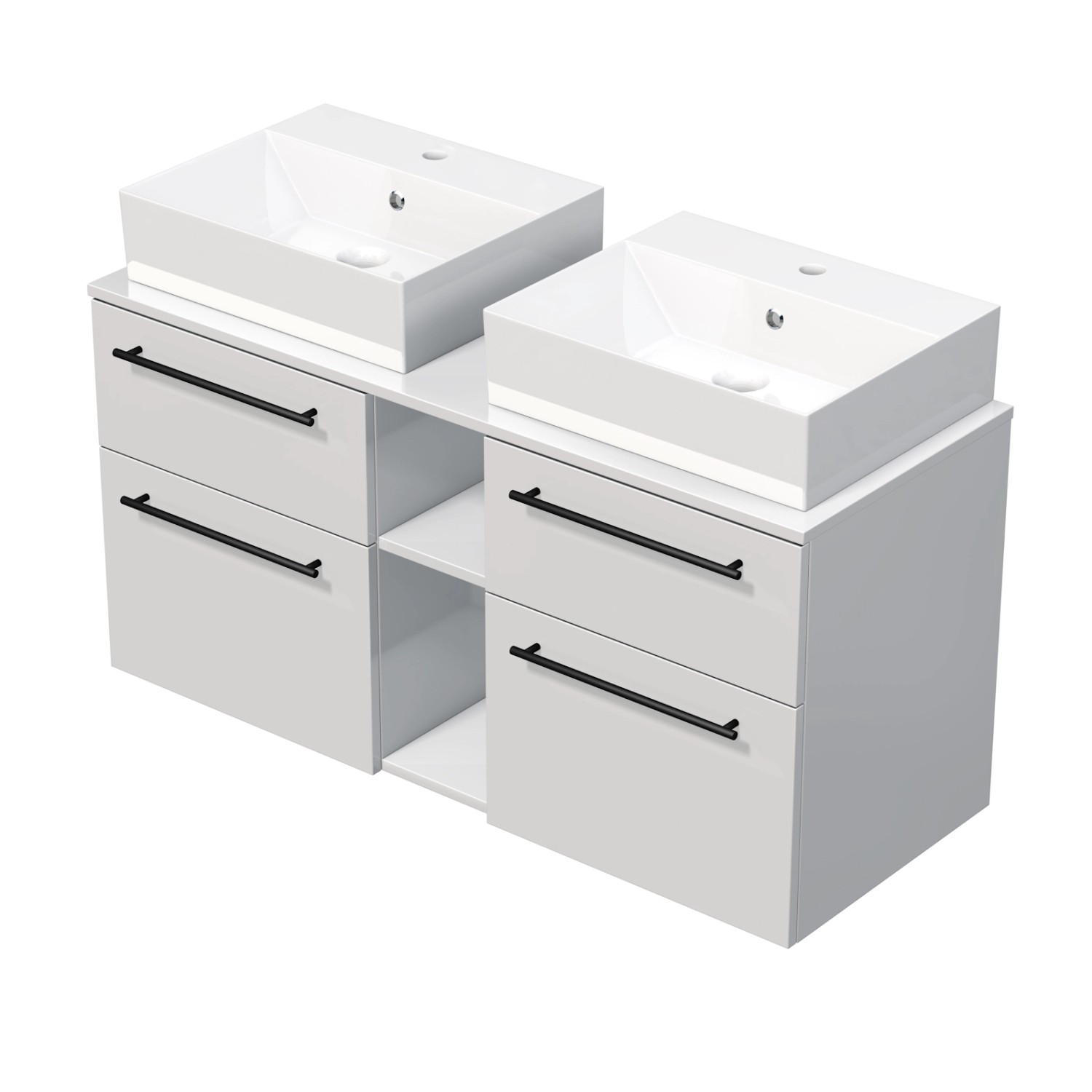 INTEDOOR Koupel.skříň+2umyvadla BEE, úchyt černý, 120cm, regál střed, bílá lesk