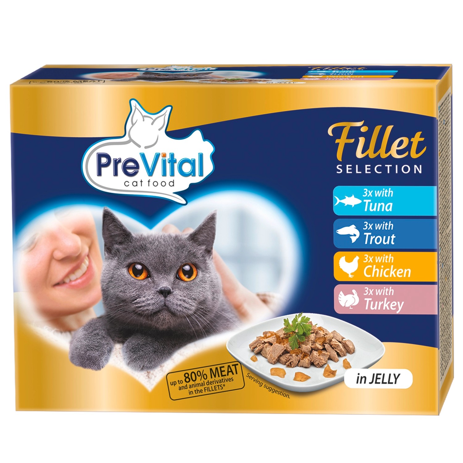 PreVital Fillet Selection kapsičky pro kočky s tuňákem, pstruhem, kuřecím a krůtím v želé 12×85 g