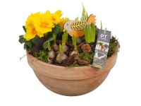 Jarní květinové aranžmá v hliněném květináči, pr. kv. cca 23 cm