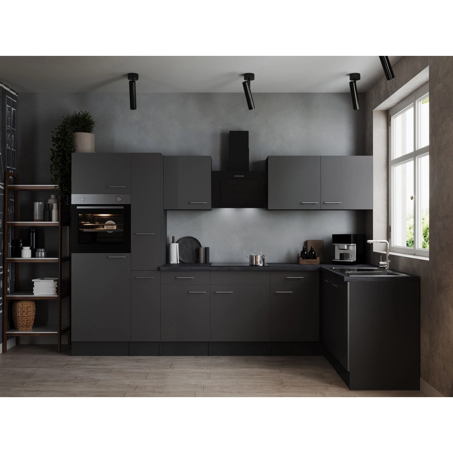 Respekta Kuchyně Oliver L šedá/žula 310 cm-trouba/skl.deska/dig./myčka/led.