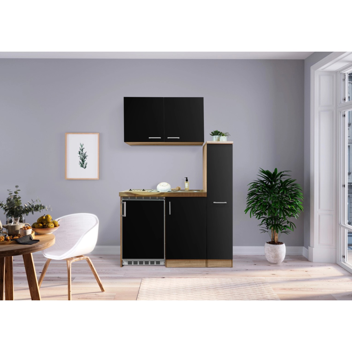 Respekta Kuchyně Levin černá/dub 130 cm-skl.var.deska/lednice UKS110/sp+h+p sk