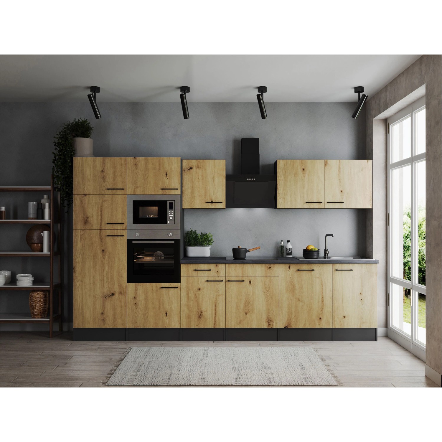 Respekta Kuchyně Oliver dub/žula 340 cm-trouba/skl.deska/dig./myčka/led./mik.