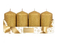 GLAMOUR Adventní svíčky válcové se třpytkami zlaté pr. 5 x 8 cm, 4 ks