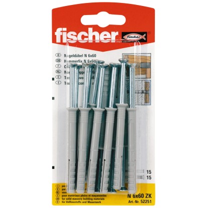 Fischer Hmoždinka s hřebíkem N 6 x 60/10 S, 15 kusů, předmontovaná, pro rychlou montáž úderem.