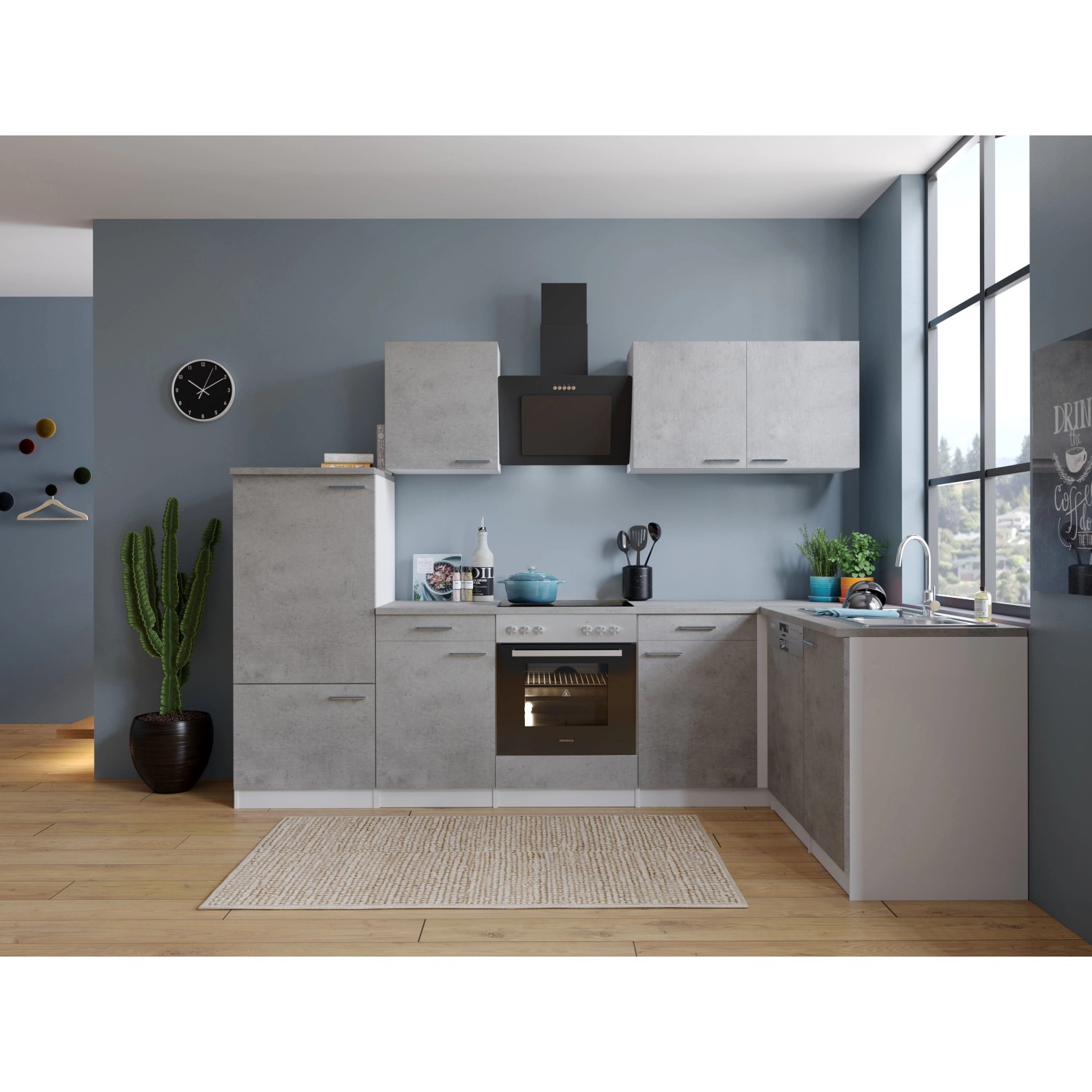 Respekta Kuchyně Malia L beton/beton 280 cm - skl.deska/šik.dig./myčka/lednice