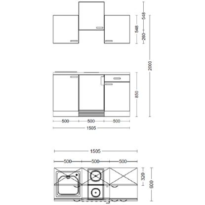 Nákres kuchyňského bloku Flex-Well Cara 150 cm v barvě rákosově zelená/dub artisan s rozměry.