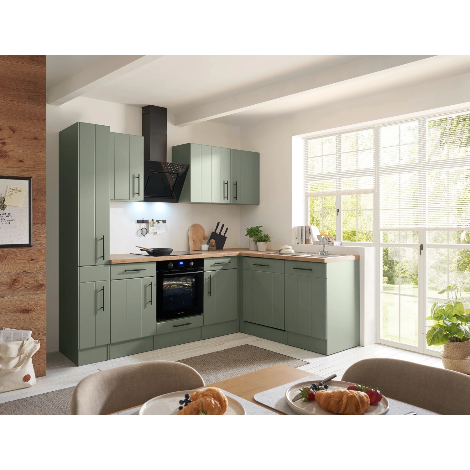 Respekta Kuchyně Anton L zelená/dub divoký 250 cm-trouba/ind.d./myčka/digestoř