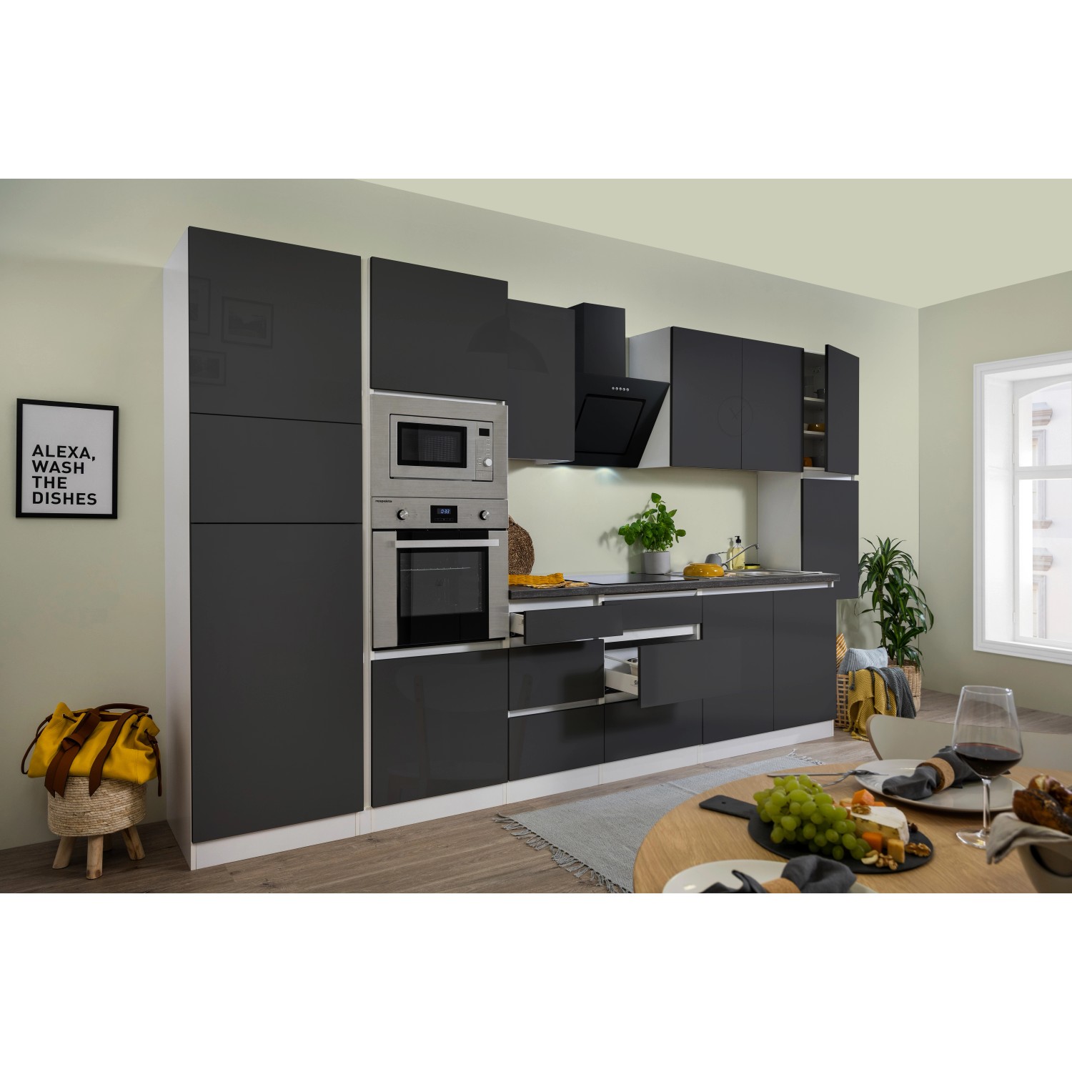 Respekta Kuchyně Lorena šedá/žula 385 cm-trouba/skl.d./digestoř/lednice/mikr.