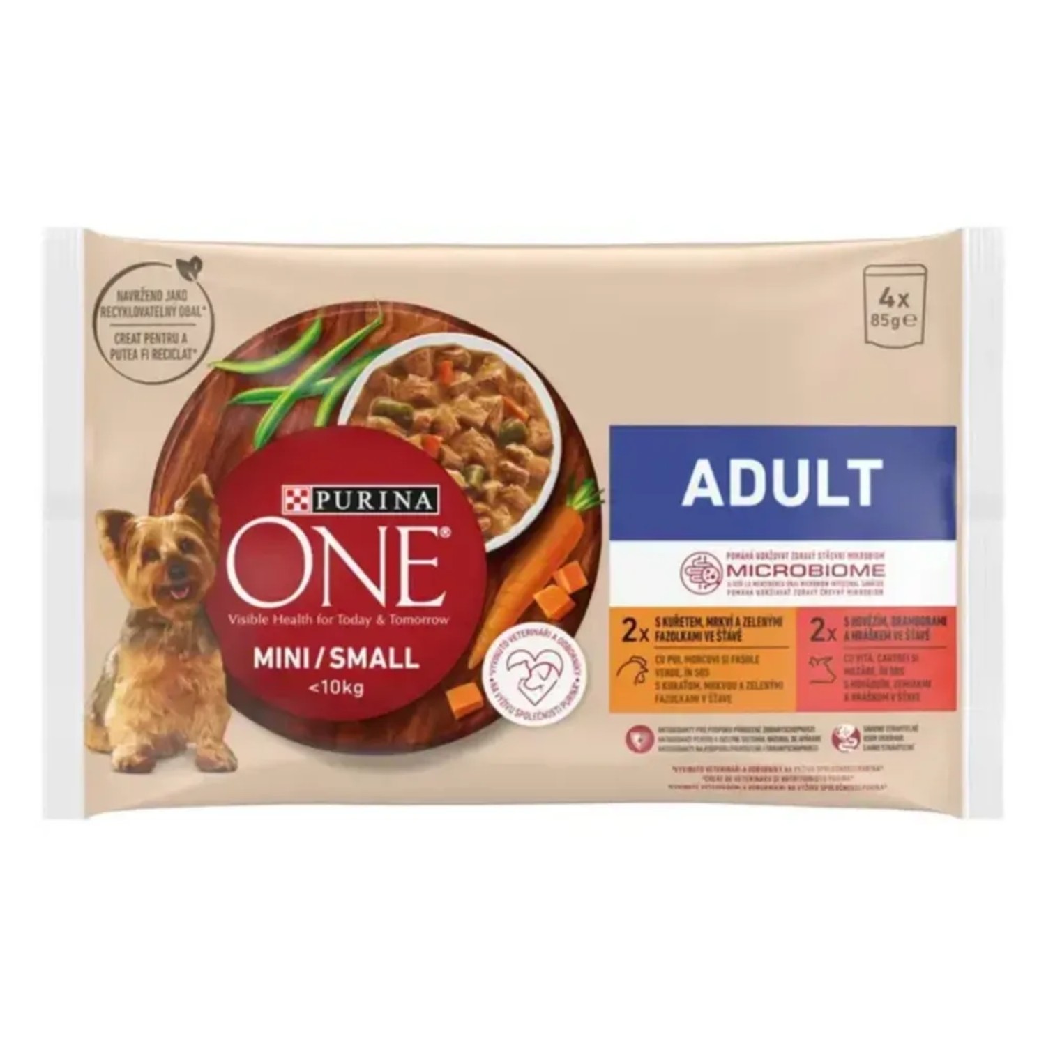 Purina ONE MINI Dog Active kuře a hovězí ve šťávě 4 x 85 g kapsa
