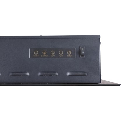 Černý ovládací panel elektrického krbu Rushmoor Heat s tlačítky pro funkce a hlavním vypínačem.