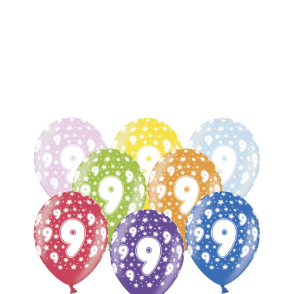 PartyDeco Balón latexový metal 30cm "9", 6 ks