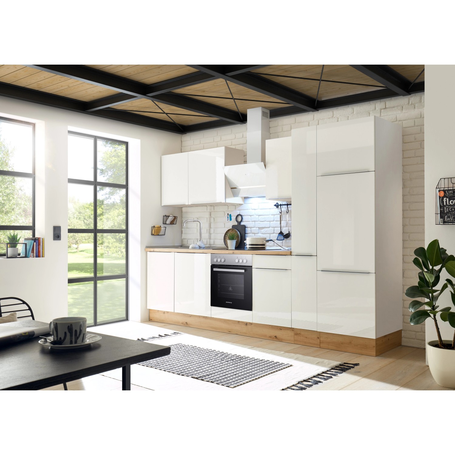 Respekta Kuchyně Marleen bílá/bílá 310 cm-trouba+sk.deska/digestoř/myčka/lednice