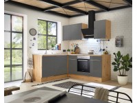 Respekta Kuchyně Marleen L šedá/dub 220 cm-trouba+skl.deska/digestoř/myčka