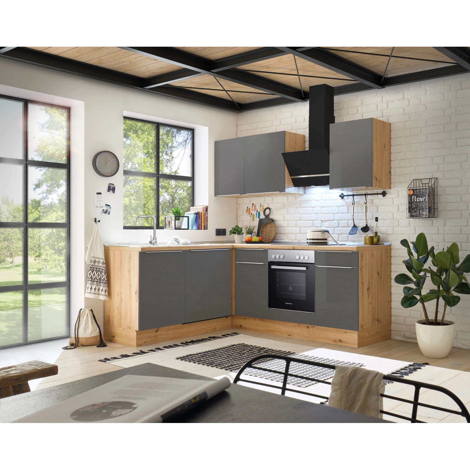 Respekta Kuchyně Marleen L šedá/dub 220 cm-trouba+skl.deska/digestoř/myčka