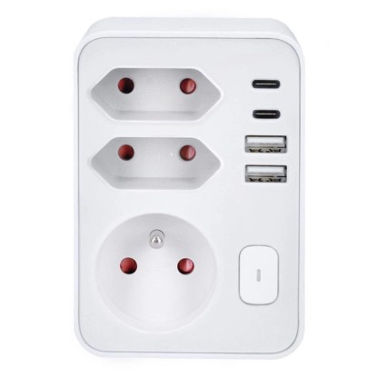 Solight Zásuvka rozbočovací, 1x 16A + 2x 2,5A, 2xUSB A+C 20W PD, bílá, vypínač