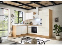 Respekta Kuchyně Marleen L bílá/dub 280 cm-trouba+skl.d./digestoř/myčka/lednice