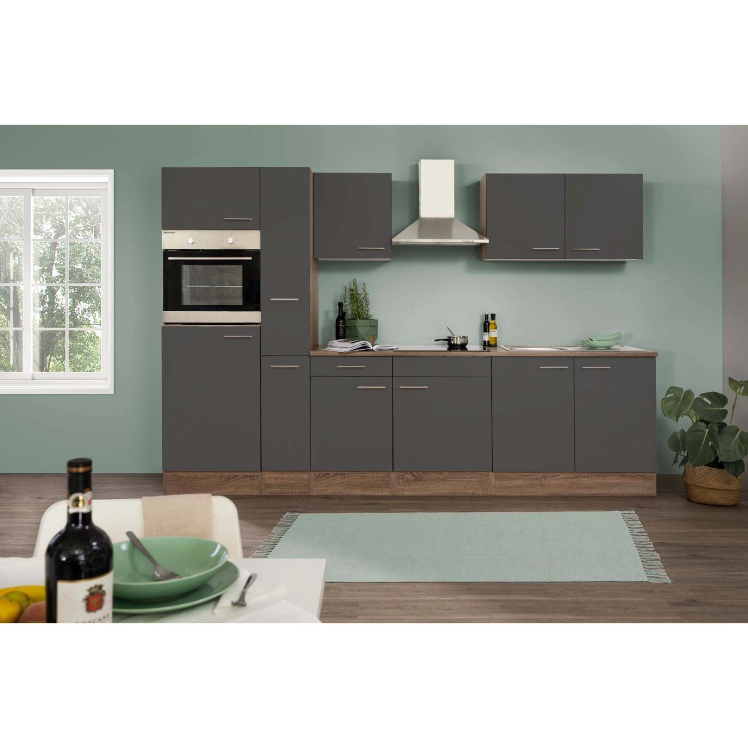 Respekta Kuchyně Oliver šedá - hedvábně lesklá/dub 300 cm - Bez el. přístrojů