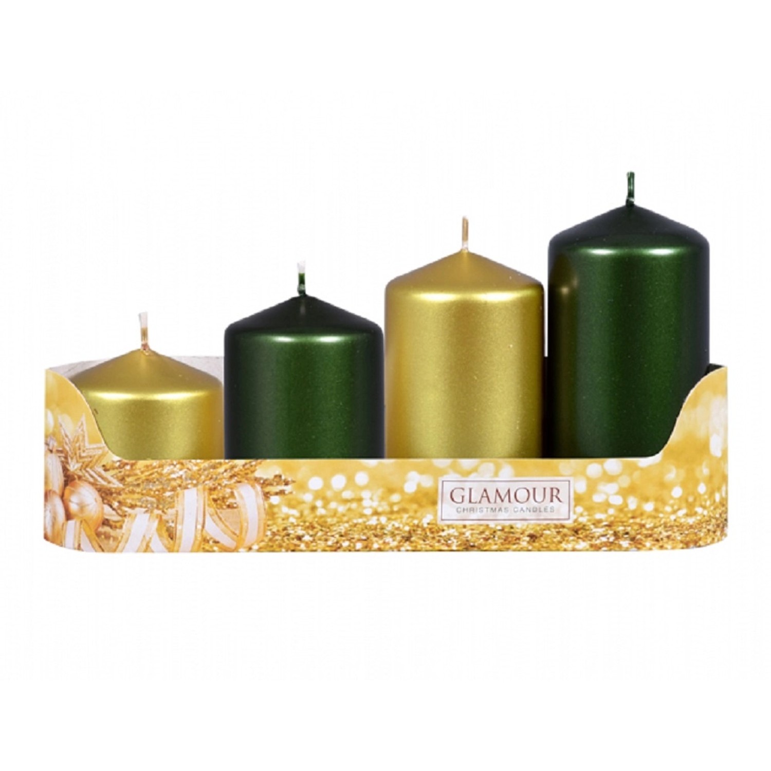 Svíčky adventní STUPŇOVITÝ MIX metal lesk zlatá/zelená, pr. 5 x 6/7,5/9/10,5 cm