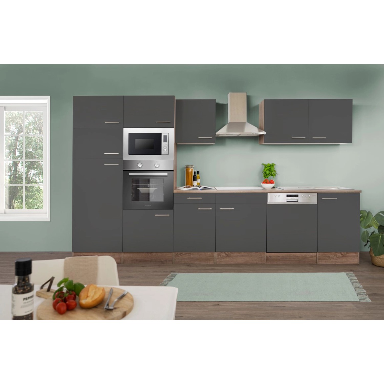 Respekta Kuchyně Oliver šedá/dub 340 cm-trouba/sklok.d./dig./myčka/lednice/mik.