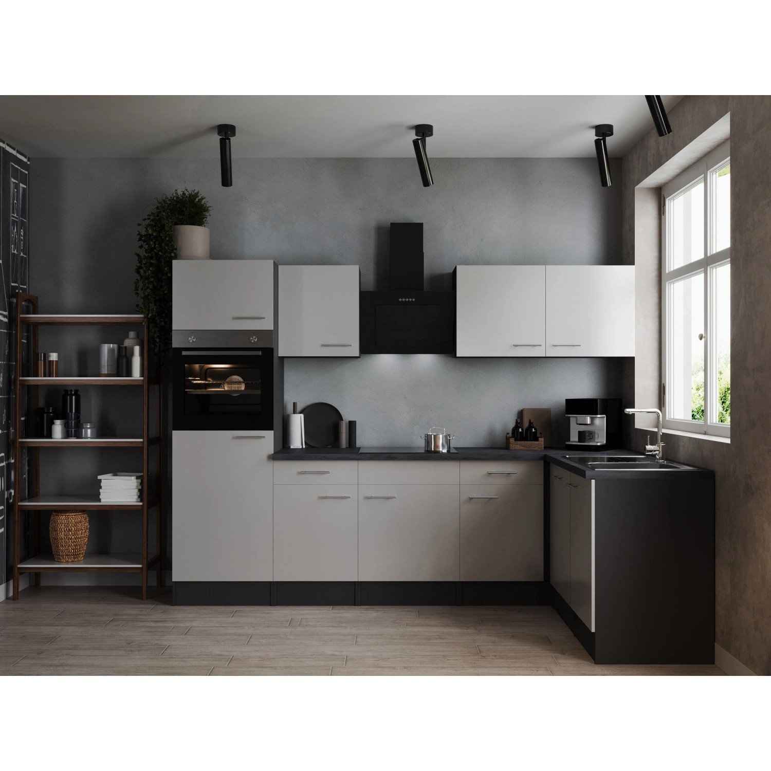 Respekta Kuchyně Oliver L bílá/žula 280 cm-trouba/skl.deska/dig./myčka/led.