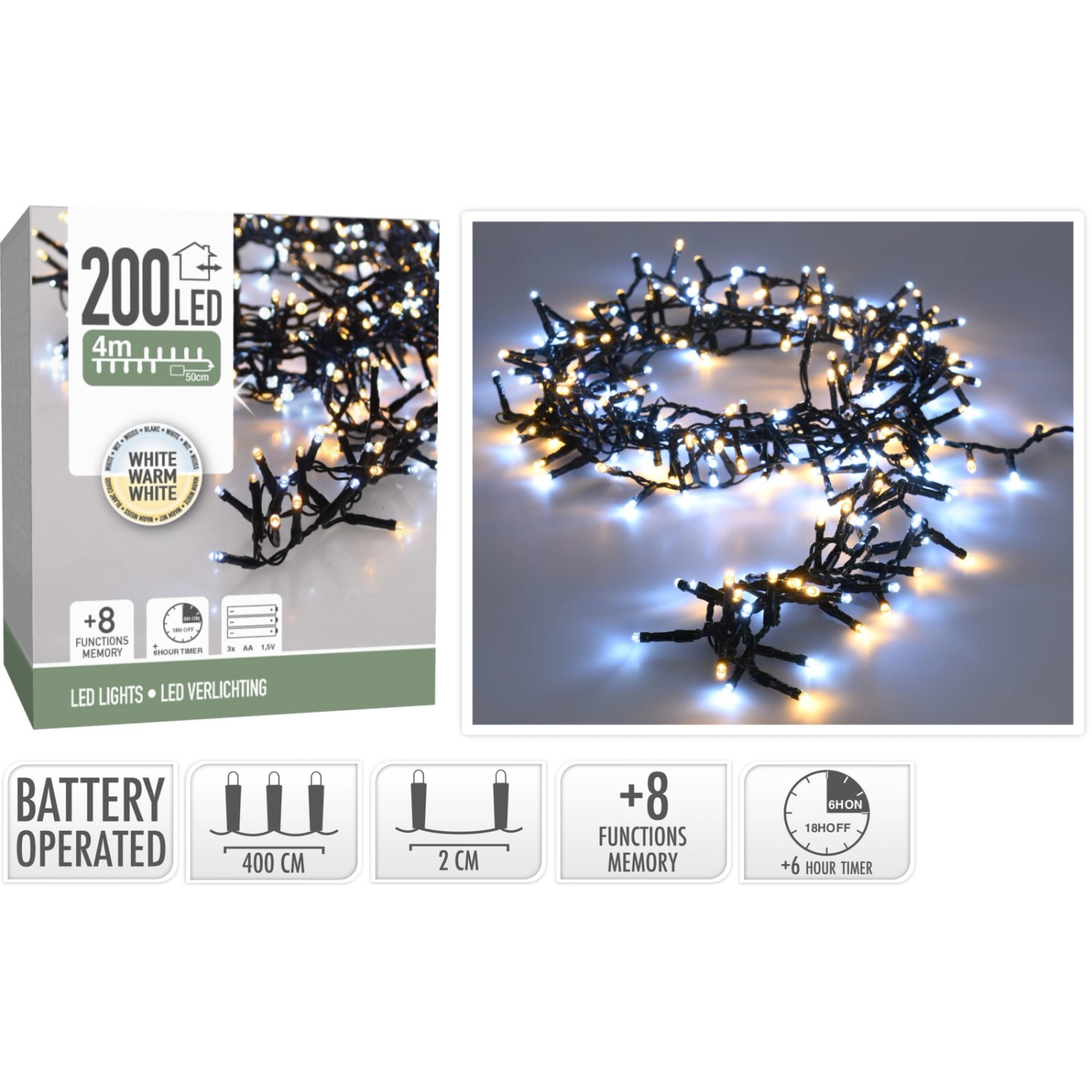 Světelný řetěz na baterie 200 LED teplá/studená bílá, zelený kabel, 4 m