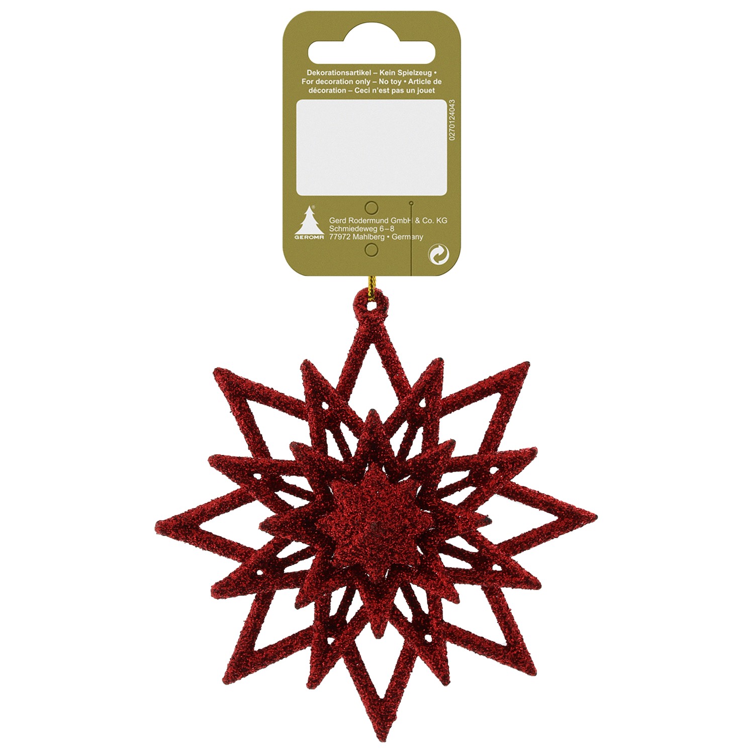 Vánoční dekorace třpytivá hvězda k zavěšení, červená, 10 cm