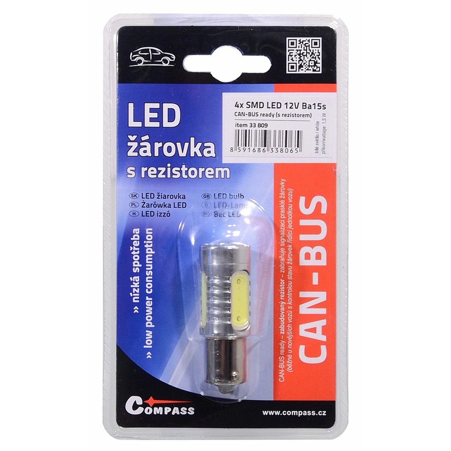 Led autožárovka 4 SMD LED 12V Ba15S s rezistorem CAN-BUS ready bílá