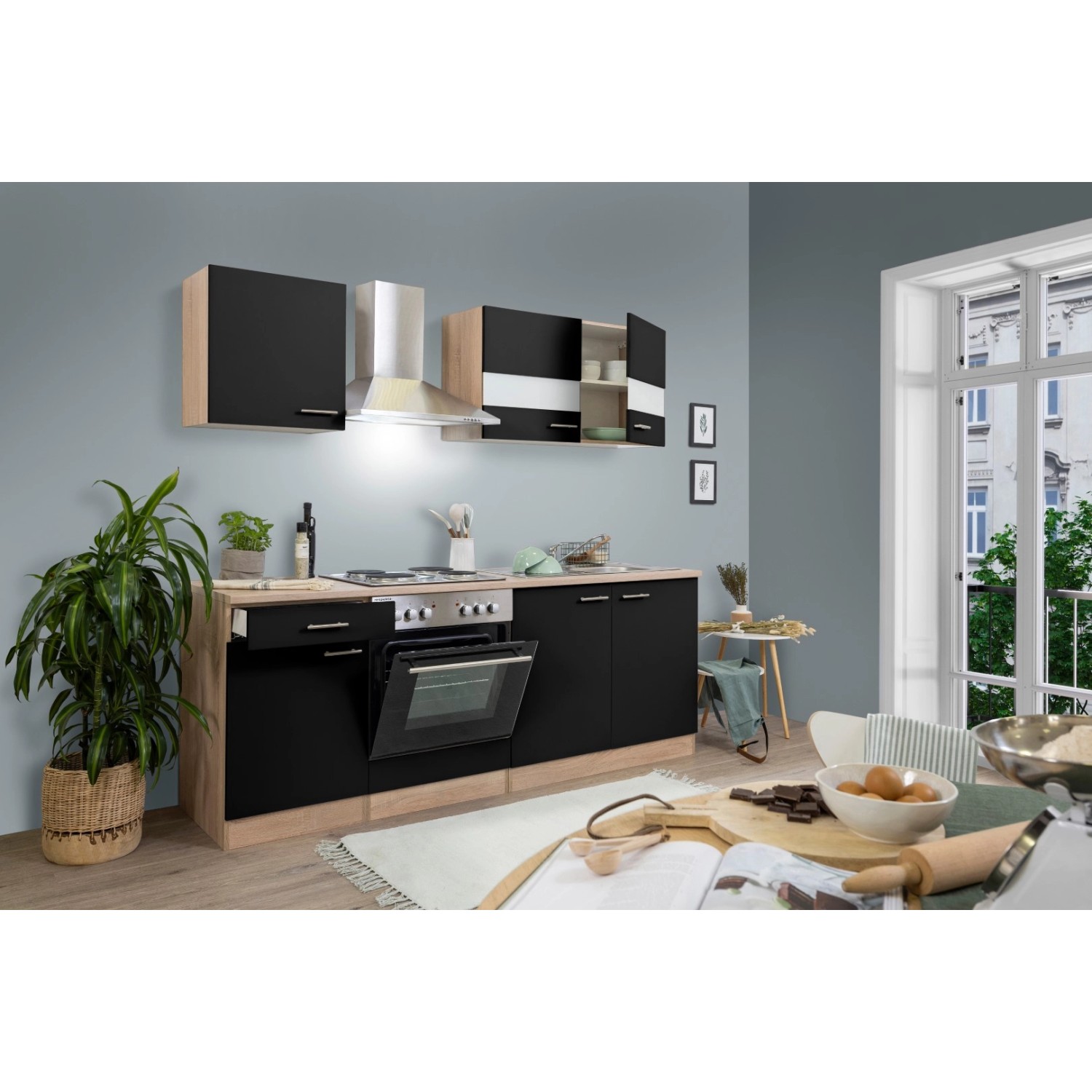 Respekta Kuchyně Merle černá/dub 210 cm-nrz.deska/komín.digestoř/myčka