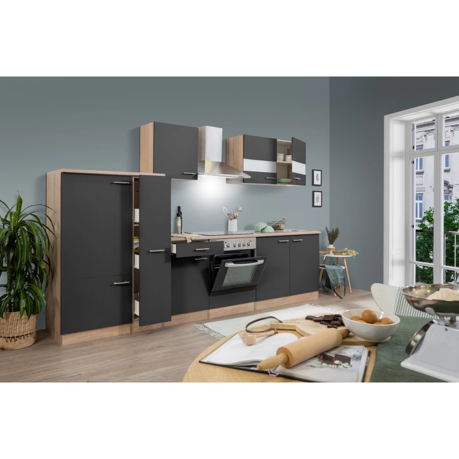 Respekta Kuchyně Merle šedá/dub 300 cm-skl.deska/komín.digestoř/lednice