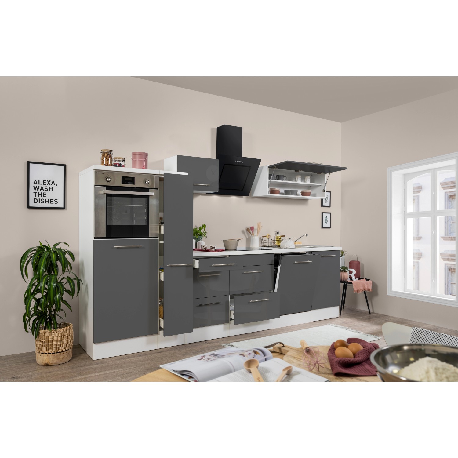 Respekta Kuchyně Amanda šedá/bílá 310 cm-trouba/skl.deska/digestoř/myčka/lednice