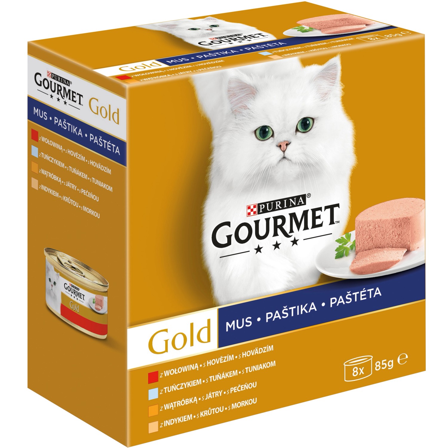 Purina Paštika pro kočky Gourmet Gold tuňák, játra, krůta, hovězí 8 x 85 g