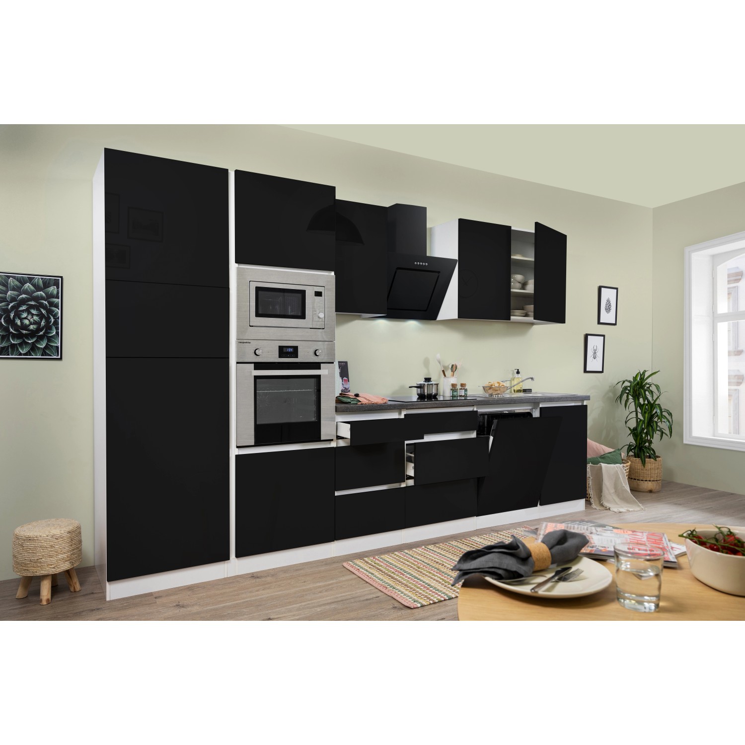 Respekta Kuchyně Lorena černá/žula 345 cm-trouba/skl.d./dig./myčka/lednice/mikr.