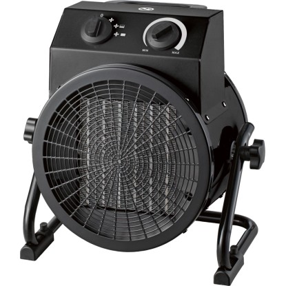 Černý keramický ohřívač a ventilátor 2v1 Lieksa 5000 W. Robustní elektrické topidlo se stojanem, ovladači a rukojetí.
