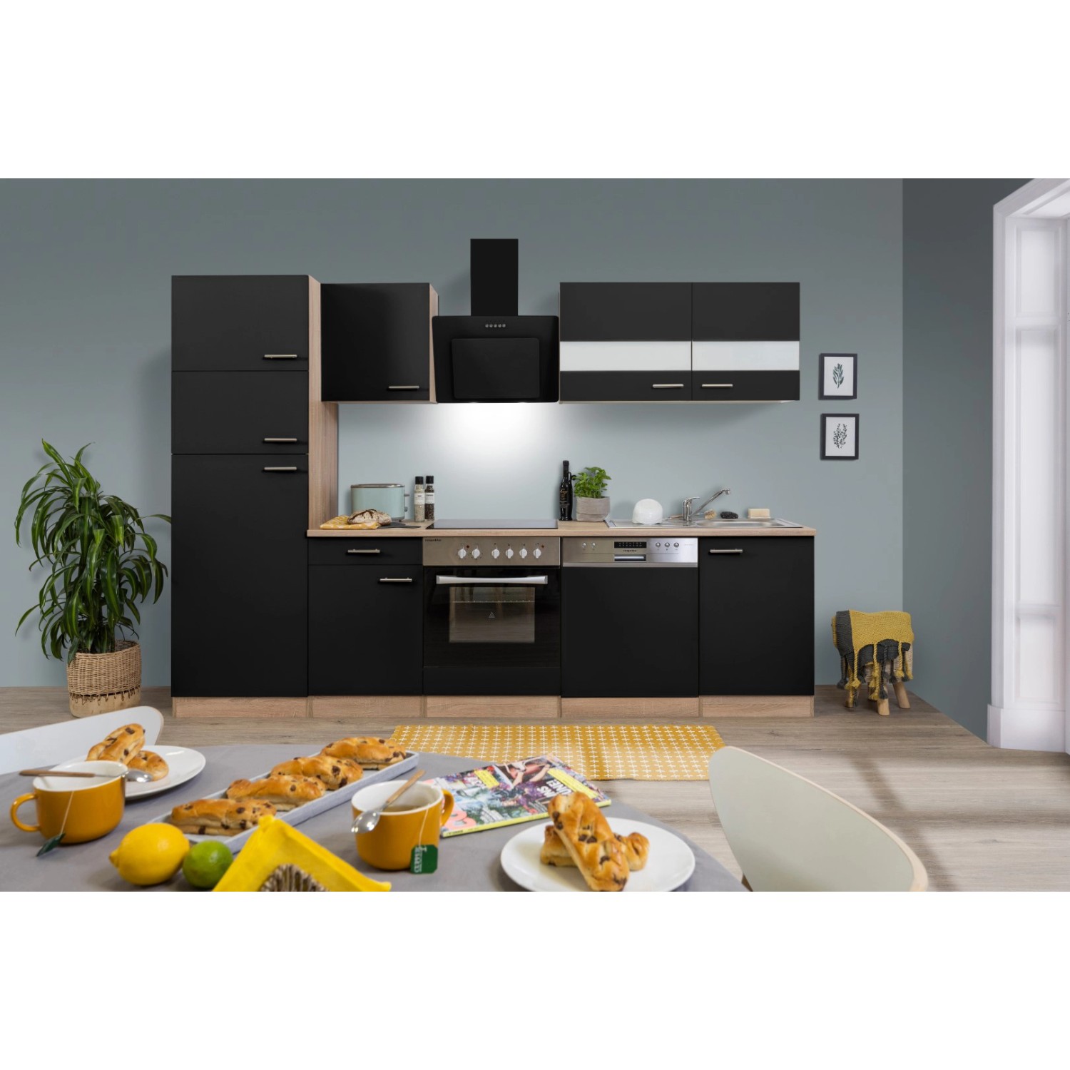 Respekta Kuchyně Merle černá/dub 280 cm-nrz.deska/šikmá digestoř/myčka/ledn(2)