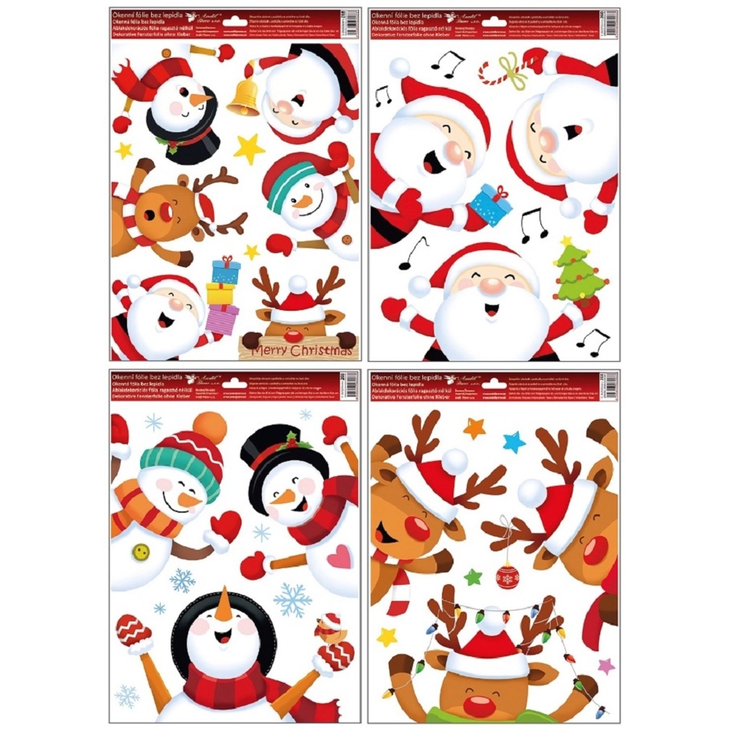 Okenní fólie s glitry, vykukující sněhuláci/sobíci/Santa, 30 x 42 cm