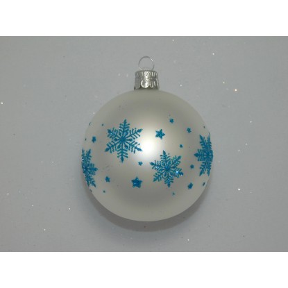 Ornex Skleněná vánoční ozdoba bílá s sv.modrými hvězdami pr. 7 cm
