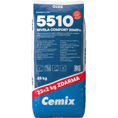 Balení vyrovnávací hmoty Cemix 5510, vhodné pro podlahové topení, 25 kg.